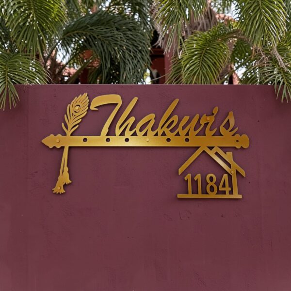 Name Cut-Out Metal Nameplate with bansuri and morpankh