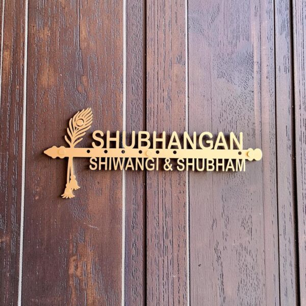 Name Cut-Out Metal Nameplate with bansuri and morpankh