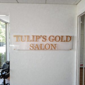 Tulip's Gold Salon Metal Name Plate on Acrylic Base